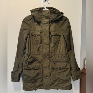 Burberry Brit US 2 Green Rain Jacket Nova Check Trim Hooded Coat Womens
